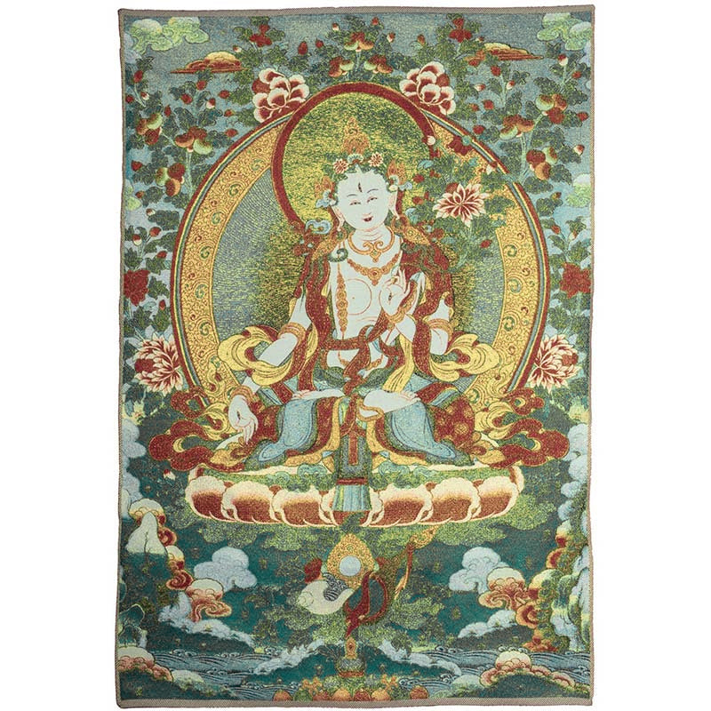 Buddha Stonesチベット刺繍 ホワイト ターラ タンカ タペストリー 壁掛け 壁アート 瞑想 室内装飾用