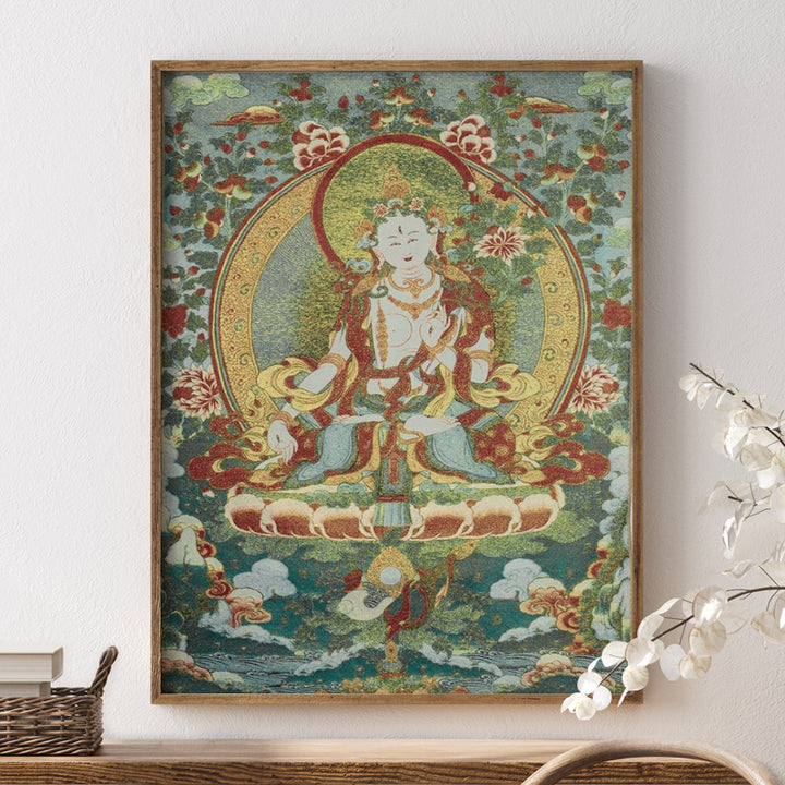 Buddha Stonesチベット刺繍 ホワイト ターラ タンカ タペストリー 壁掛け 壁アート 瞑想 室内装飾用