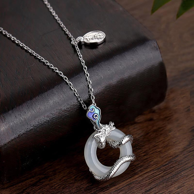 Buddha Stones龍年 925 スターリングシルバー 和田白翡翠 平和バックル 吉兆雲 成功のネックレスペンダント