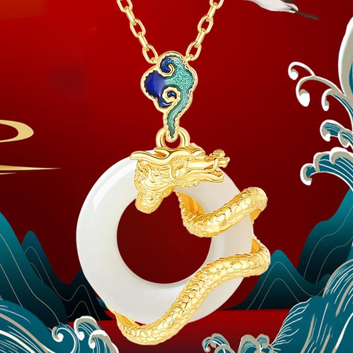Buddha Stones龍年 925 スターリングシルバー 和田白翡翠 平和バックル 吉兆雲 成功のネックレスペンダント