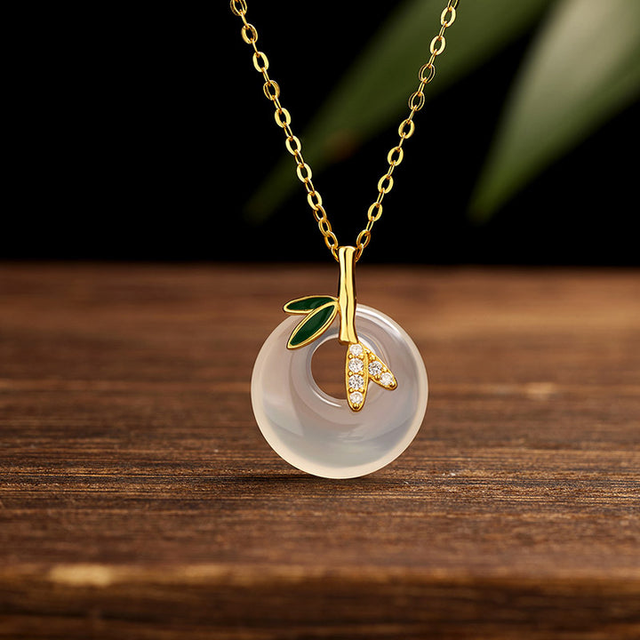 Buddha Stones925スターリングシルバー 天然カルセドニー 竹の葉 ピースバックル ポジティブネックレスペンダント