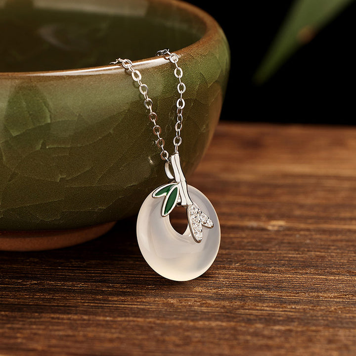 Buddha Stones925スターリングシルバー 天然カルセドニー 竹の葉 ピースバックル ポジティブネックレスペンダント