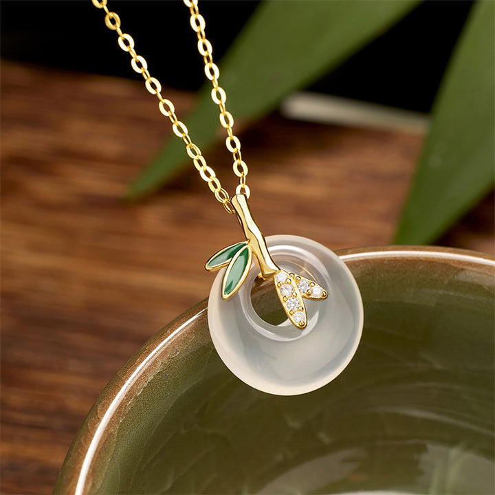 Buddha Stones925スターリングシルバー 天然カルセドニー 竹の葉 ピースバックル ポジティブネックレスペンダント