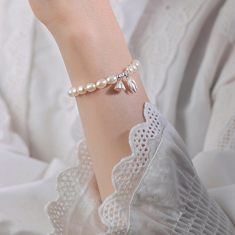Buddha Stones999スターリングシルバー 蓮の花の鞘 天然真珠 ヒーリングブレスレット