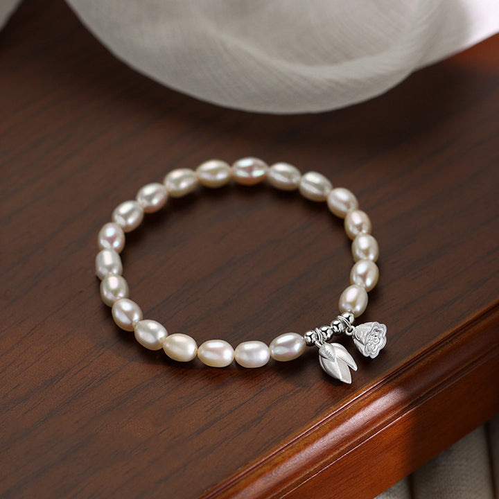 Buddha Stones999スターリングシルバー 蓮の花の鞘 天然真珠 ヒーリングブレスレット - 14～16cm - image 0
