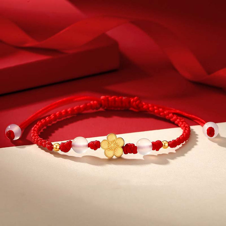 Buddha Stonesハンドメイド 925 スターリングシルバー 桃色 桜 カルセドニー ビーズ 幸運 レッドロープ ブレスレット