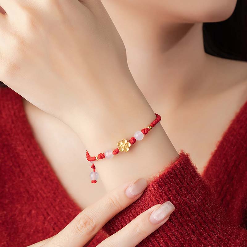 Buddha Stonesハンドメイド 925 スターリングシルバー 桃色 桜 カルセドニー ビーズ 幸運 レッドロープ ブレスレット