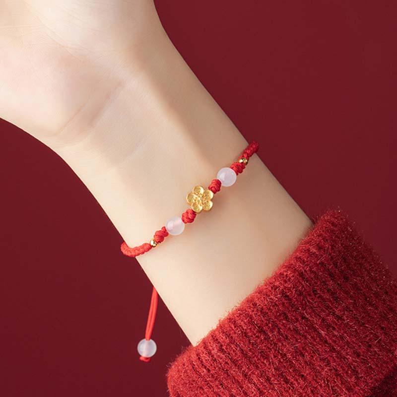 Buddha Stonesハンドメイド 925 スターリングシルバー 桃色 桜 カルセドニー ビーズ 幸運 レッドロープ ブレスレット