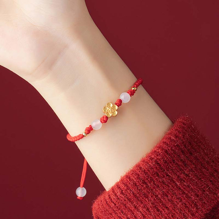 Buddha Stonesハンドメイド 925 スターリングシルバー 桃色 桜 カルセドニー ビーズ 幸運 レッドロープ ブレスレット