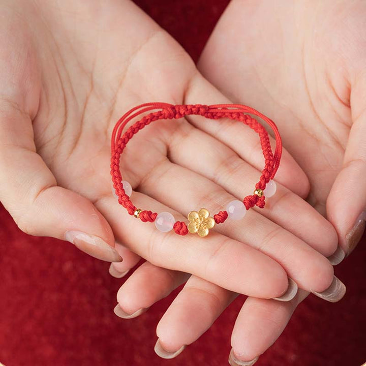 Buddha Stonesハンドメイド 925 スターリングシルバー 桃色 桜 カルセドニー ビーズ 幸運 レッドロープ ブレスレット