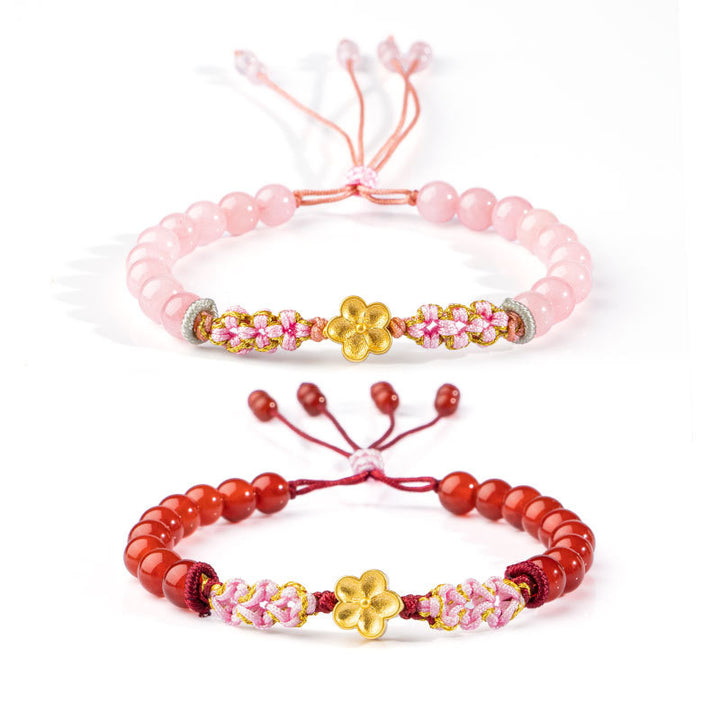 Buddha Stones999スターリングシルバー 天然レッドアゲート ピンククリスタル 桜ブレスレット