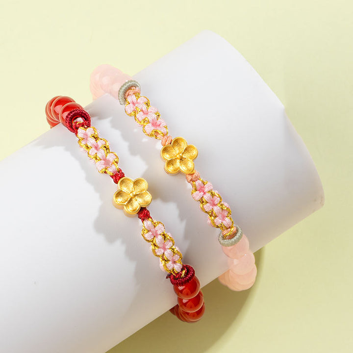 Buddha Stones999スターリングシルバー 天然レッドアゲート ピンククリスタル 桜ブレスレット