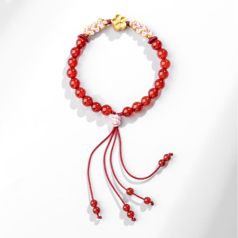 Buddha Stones999スターリングシルバー 天然レッドアゲート ピンククリスタル 桜ブレスレット
