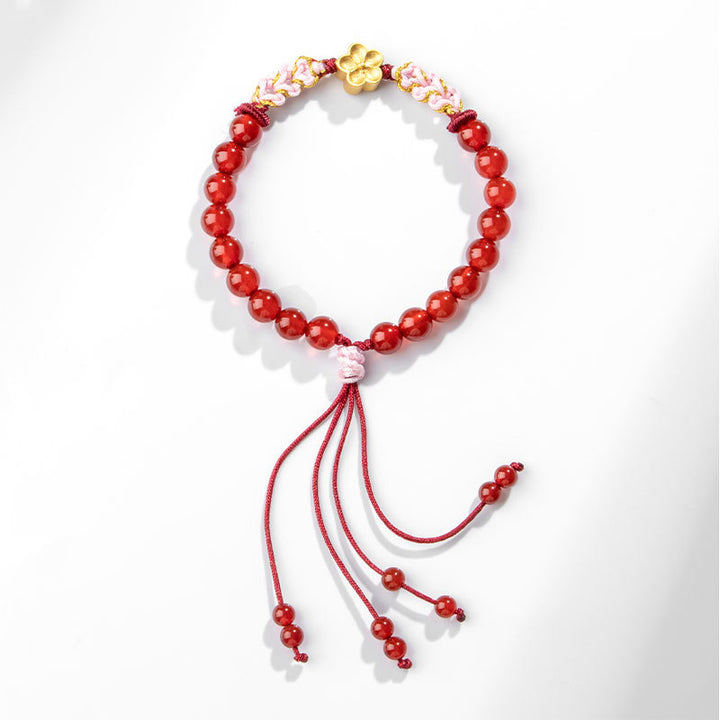 Buddha Stones999スターリングシルバー 天然レッドアゲート ピンククリスタル 桜ブレスレット