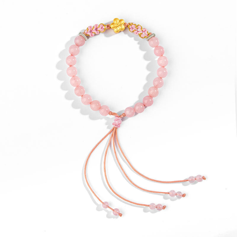 Buddha Stones999スターリングシルバー 天然レッドアゲート ピンククリスタル 桜ブレスレット