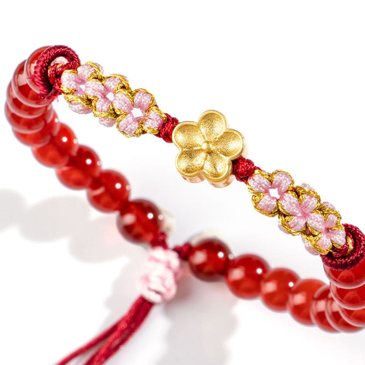 Buddha Stones999スターリングシルバー 天然レッドアゲート ピンククリスタル 桜ブレスレット