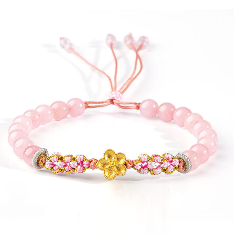Buddha Stones999スターリングシルバー 天然レッドアゲート ピンククリスタル 桜ブレスレット