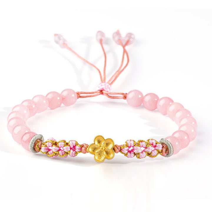 Buddha Stones999スターリングシルバー 天然レッドアゲート ピンククリスタル 桜ブレスレット