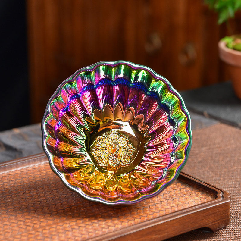 Buddha Stones、蓮、孔雀の象嵌、多色、中国製 Jianzhan 陶器ティーカップ、カンフーティーカップ