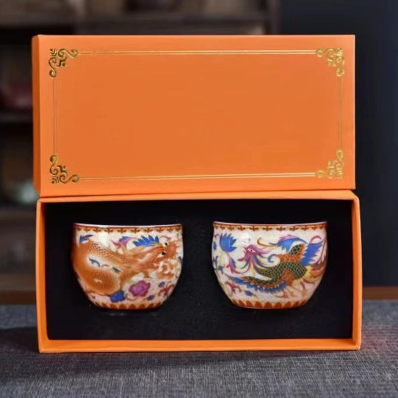 Buddha Stones2個 ドラゴン フェニックス セラミック ティーカップ カンフー ティーカップ
