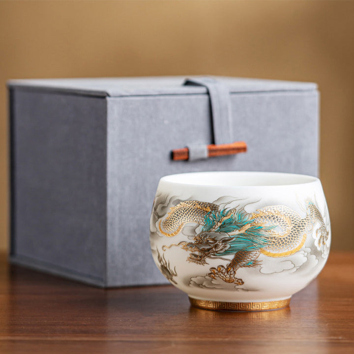 Buddha Stones龍鳳凰吉祥雲陶器ティーカップカンフーティーカップギフトボックス付き