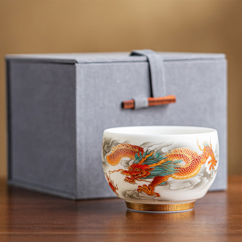Buddha Stones龍鳳凰吉祥雲陶器ティーカップカンフーティーカップギフトボックス付き