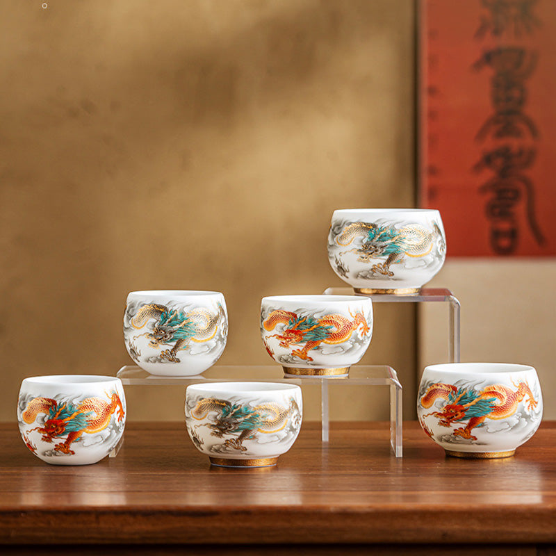 Buddha Stones龍鳳凰吉祥雲陶器ティーカップカンフーティーカップギフトボックス付き