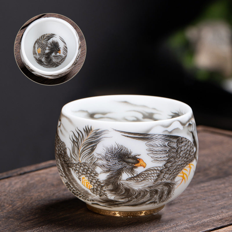 Buddha Stones鳳凰白磁陶器ティーカップ カンフーティーカップ 185ml ギフトボックス付き