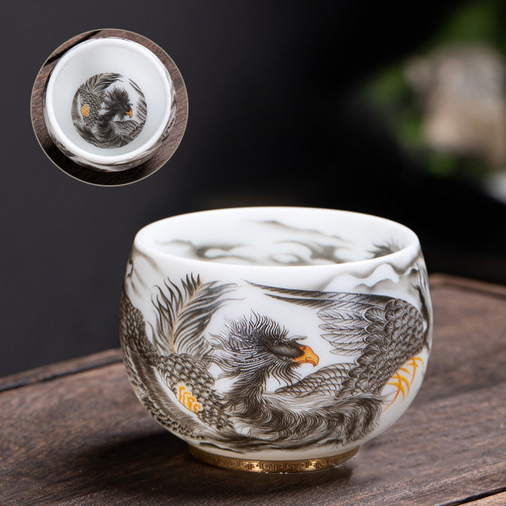 Buddha Stones鳳凰白磁陶器ティーカップ カンフーティーカップ 185ml ギフトボックス付き