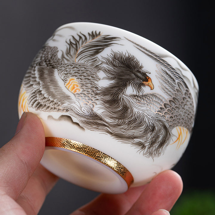 Buddha Stones鳳凰白磁陶器ティーカップ カンフーティーカップ 185ml ギフトボックス付き