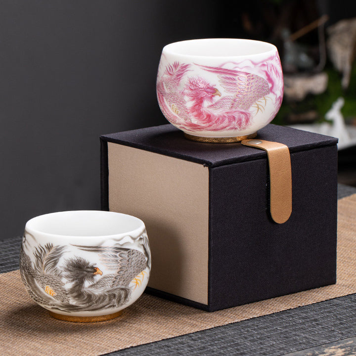 Buddha Stones鳳凰白磁陶器ティーカップ カンフーティーカップ 185ml ギフトボックス付き
