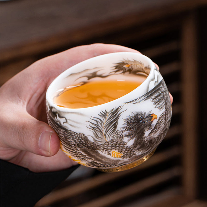 Buddha Stones鳳凰白磁陶器ティーカップ カンフーティーカップ 185ml ギフトボックス付き