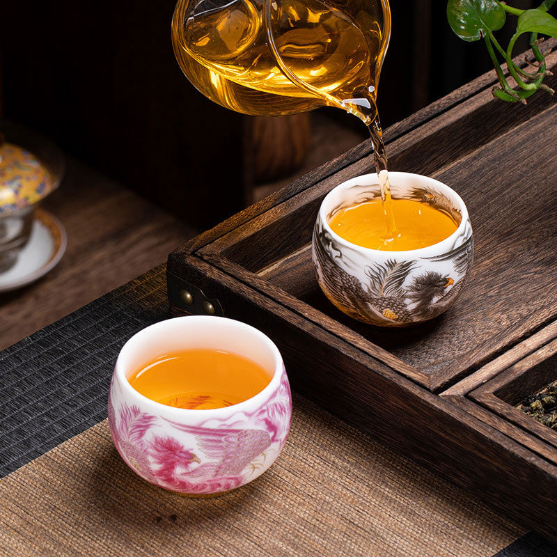 Buddha Stones鳳凰白磁陶器ティーカップ カンフーティーカップ 185ml ギフトボックス付き