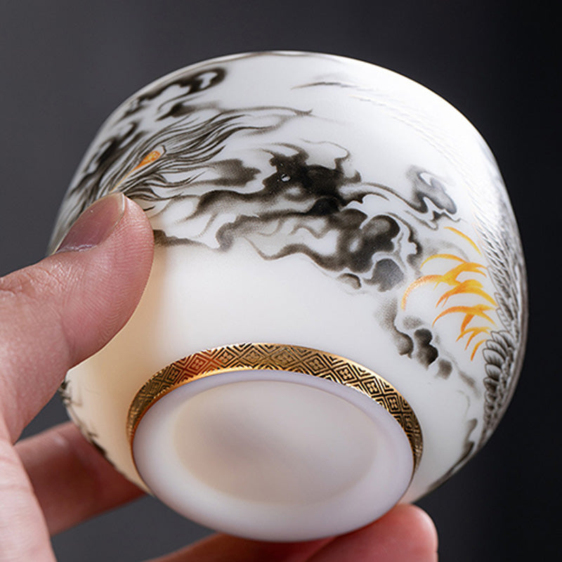 Buddha Stones鳳凰白磁陶器ティーカップ カンフーティーカップ 185ml ギフトボックス付き