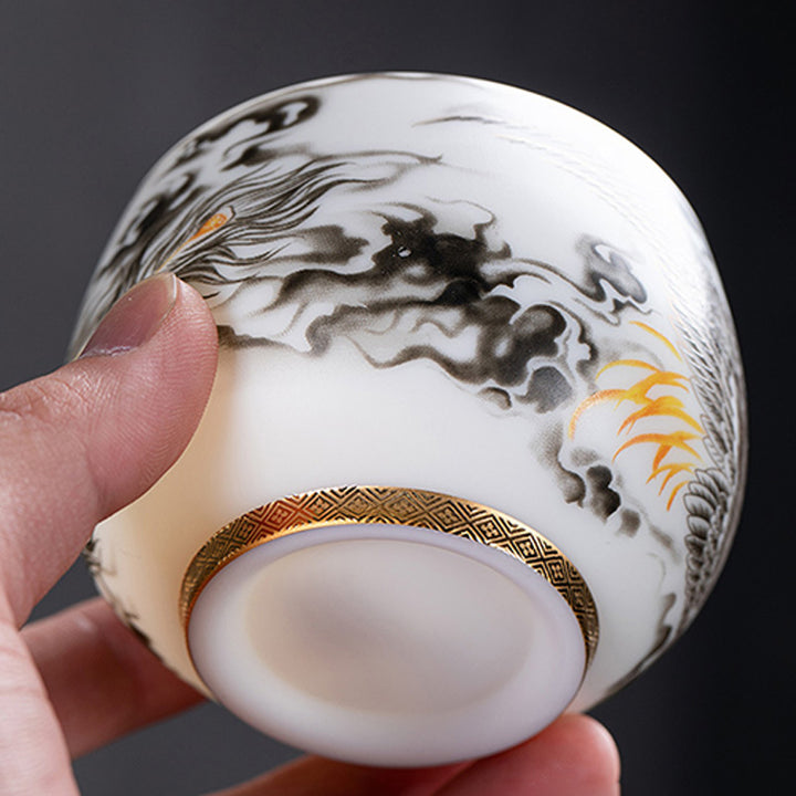 Buddha Stones鳳凰白磁陶器ティーカップ カンフーティーカップ 185ml ギフトボックス付き
