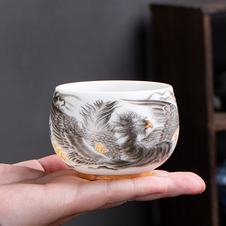 Buddha Stones鳳凰白磁陶器ティーカップ カンフーティーカップ 185ml ギフトボックス付き