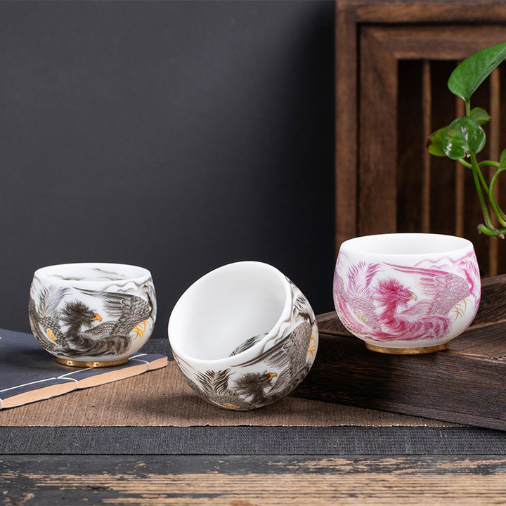Buddha Stones鳳凰白磁陶器ティーカップ カンフーティーカップ 185ml ギフトボックス付き