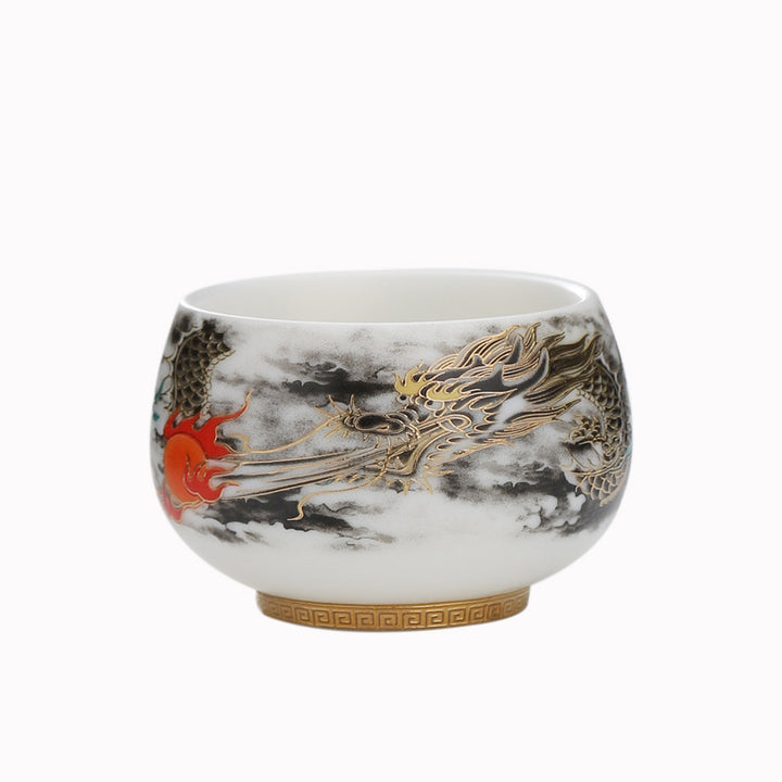 Buddha Stones龍と真珠の遊び模様白磁陶器ティーカップカンフーティーカップ160ml