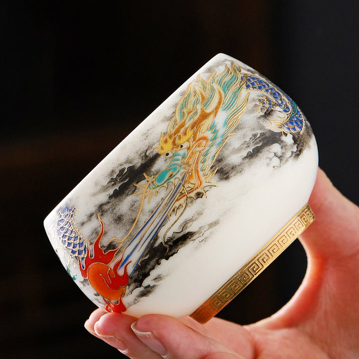 Buddha Stones龍と真珠の遊び模様白磁陶器ティーカップカンフーティーカップ160ml
