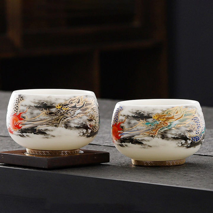 Buddha Stones龍と真珠の遊び模様白磁陶器ティーカップカンフーティーカップ160ml