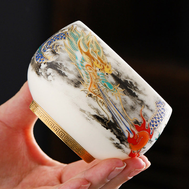 Buddha Stones龍と真珠の遊び模様白磁陶器ティーカップカンフーティーカップ160ml
