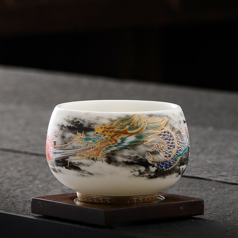 Buddha Stones龍と真珠の遊び模様白磁陶器ティーカップカンフーティーカップ160ml