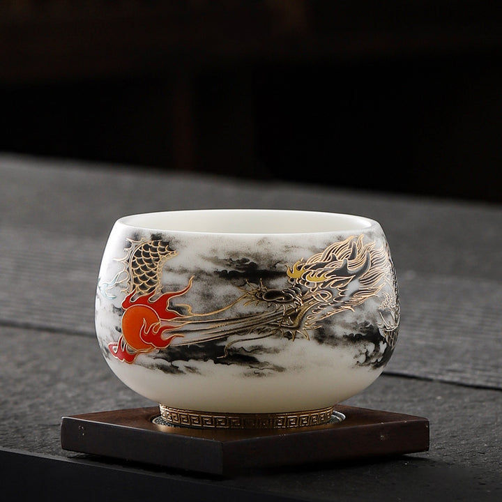 Buddha Stones龍と真珠の遊び模様白磁陶器ティーカップカンフーティーカップ160ml