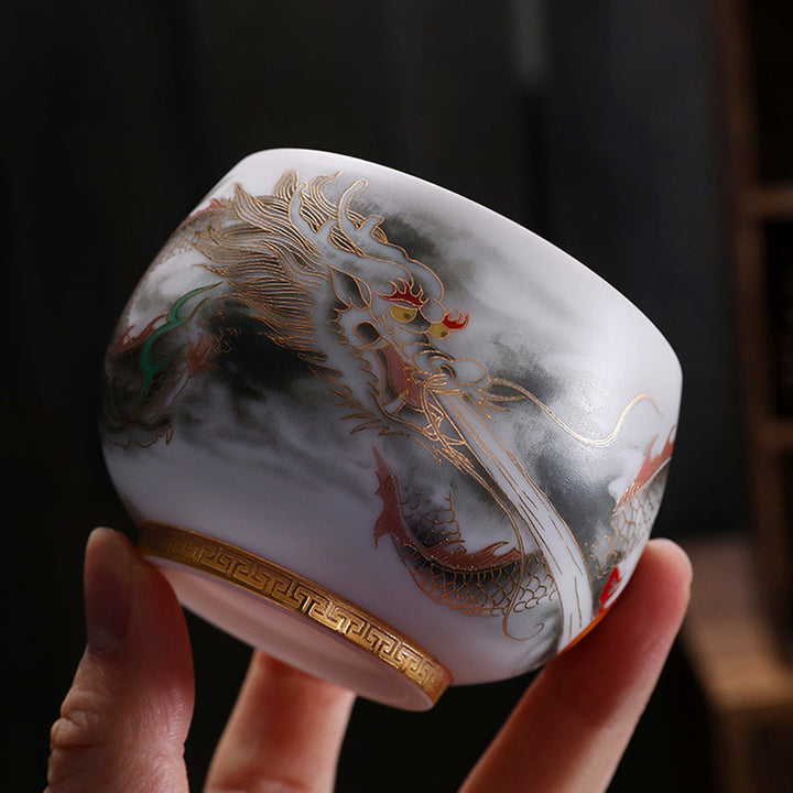 Buddha Stones龍金箔ひょうたん陶器白磁ティーカップカンフーティーカップ160ml