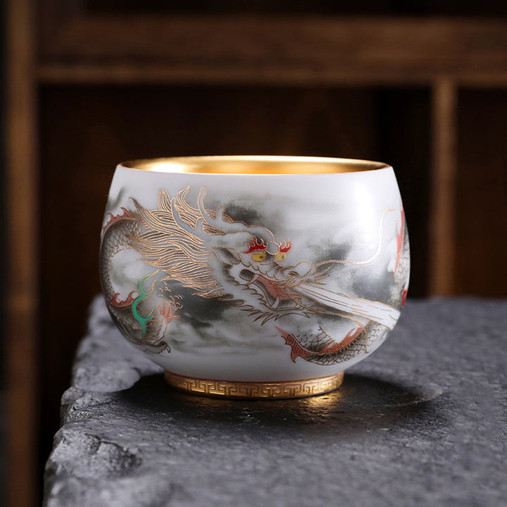 Buddha Stones龍金箔ひょうたん陶器白磁ティーカップカンフーティーカップ160ml