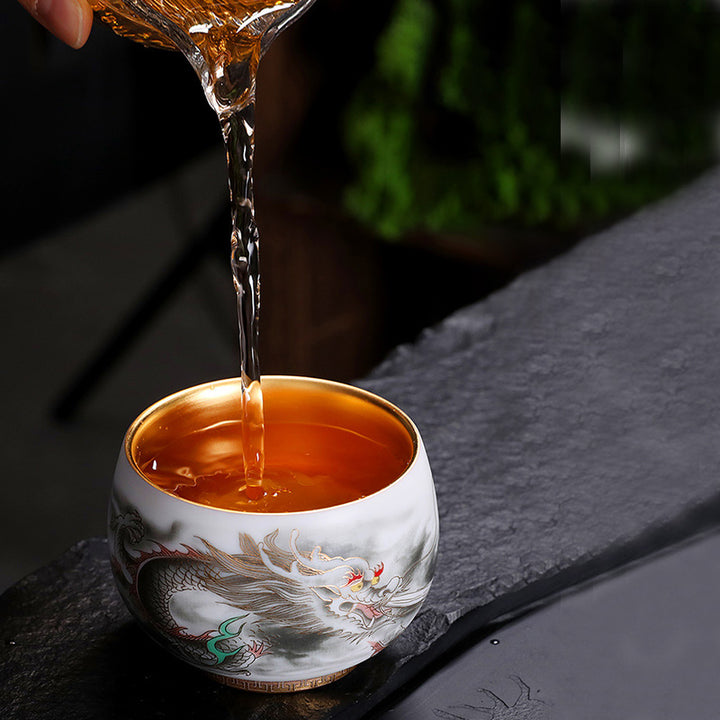 Buddha Stones龍金箔ひょうたん陶器白磁ティーカップカンフーティーカップ160ml