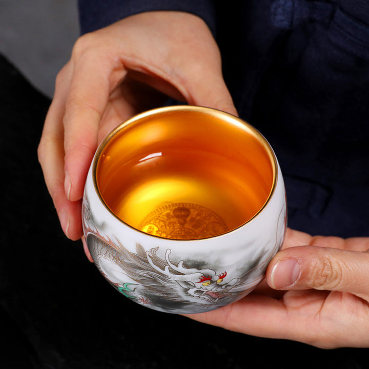 Buddha Stones龍金箔ひょうたん陶器白磁ティーカップカンフーティーカップ160ml