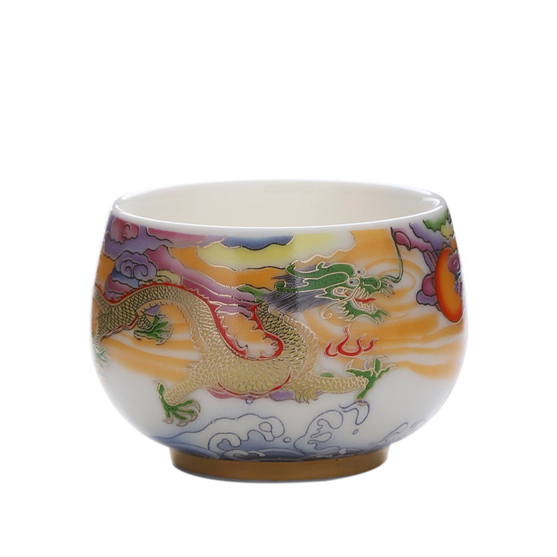 Buddha Stones、龍、鳳凰、吉兆の雲、太陽、海の波、陶器のティーカップ、カンフーティーカップ