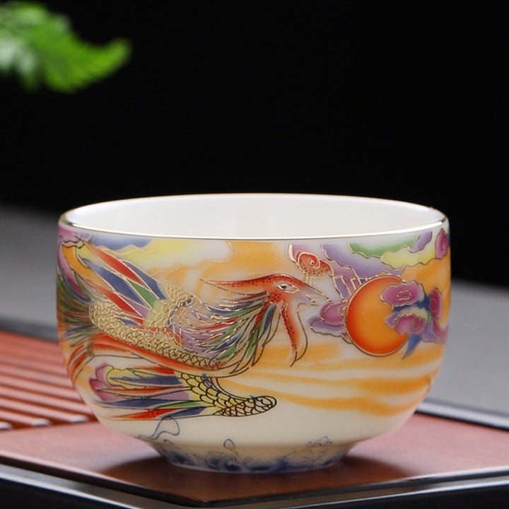Buddha Stones、龍、鳳凰、吉兆の雲、太陽、海の波、陶器のティーカップ、カンフーティーカップ