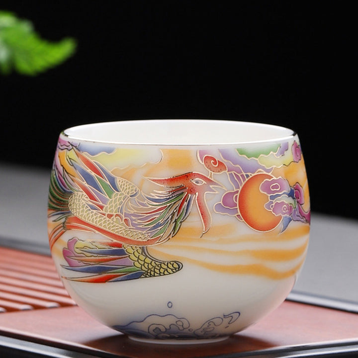 Buddha Stones、龍、鳳凰、吉兆の雲、太陽、海の波、陶器のティーカップ、カンフーティーカップ